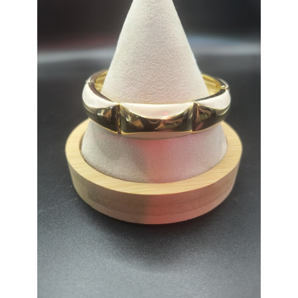 Vintage Gold & Cream Enamel Hinged Stretch Bracelet - Bangle Bracelet